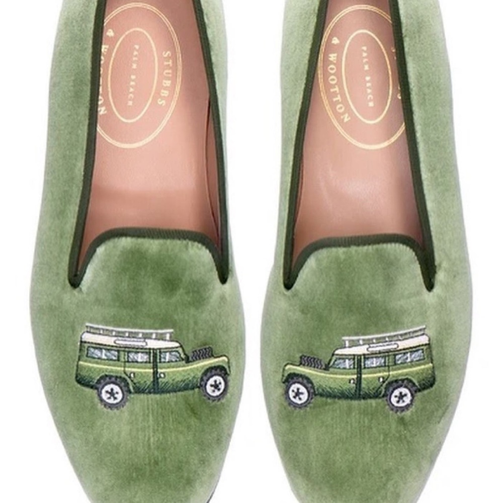 Stubbs & Wootton Olive Velvet Loafers with Car Embroidery